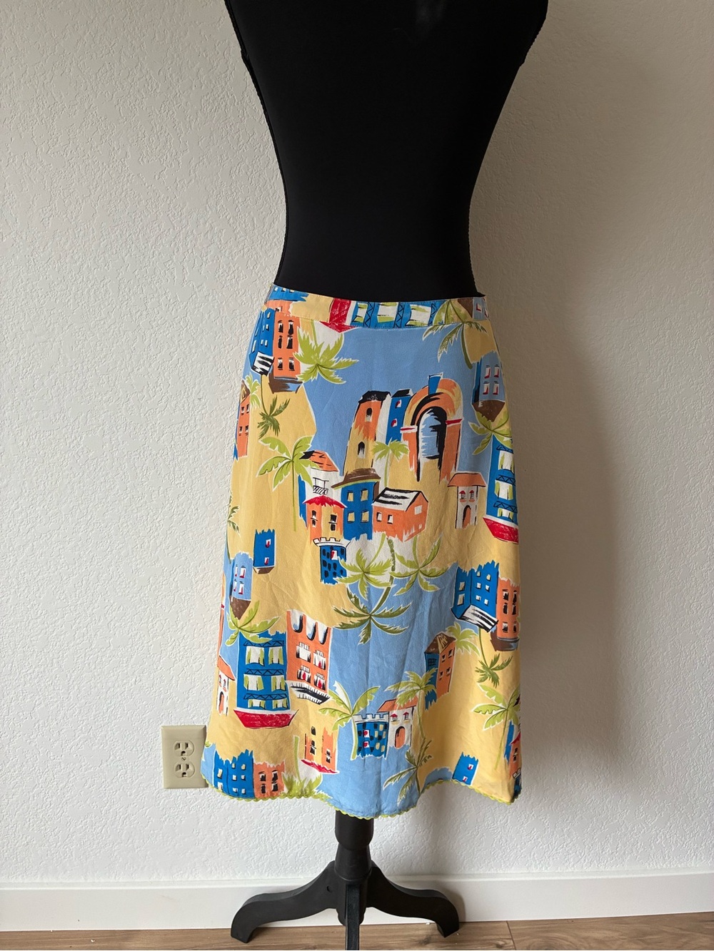 SilkLand Coastal Print Midi Skirt in Blue, Yellow & Coral 100% Silk Euro Summer